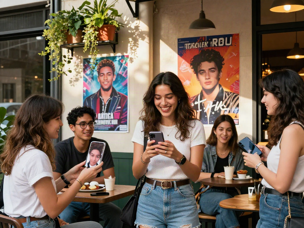 Group of friends enjoying their celebrity look-alike results at cafe