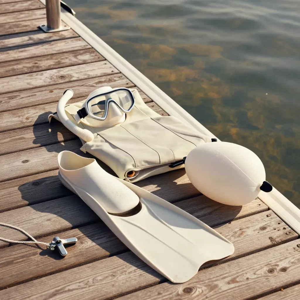 Open-water dive training kit staged beside a dock ladder in soft morning light.