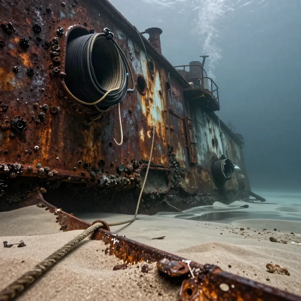 Rusted wreck surface with lift-bag spool and mooring line beside dark water