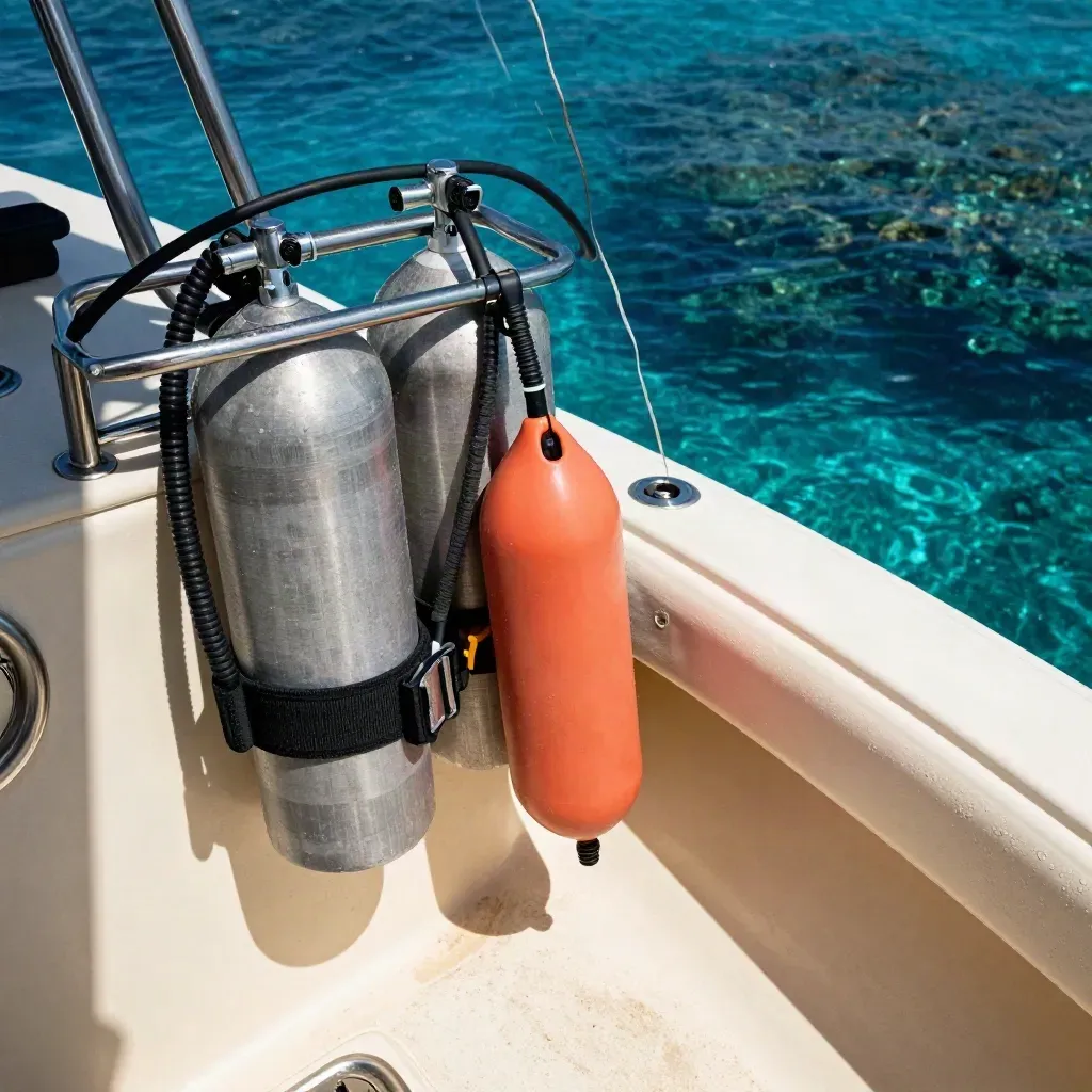 Stern dive gear with tanks, line and buoy marker over clear tropical reef water.