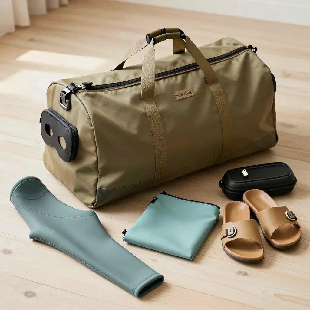 Packed dive trip gear in an open duffel on pale wood, shot overhead in warm daylight.
