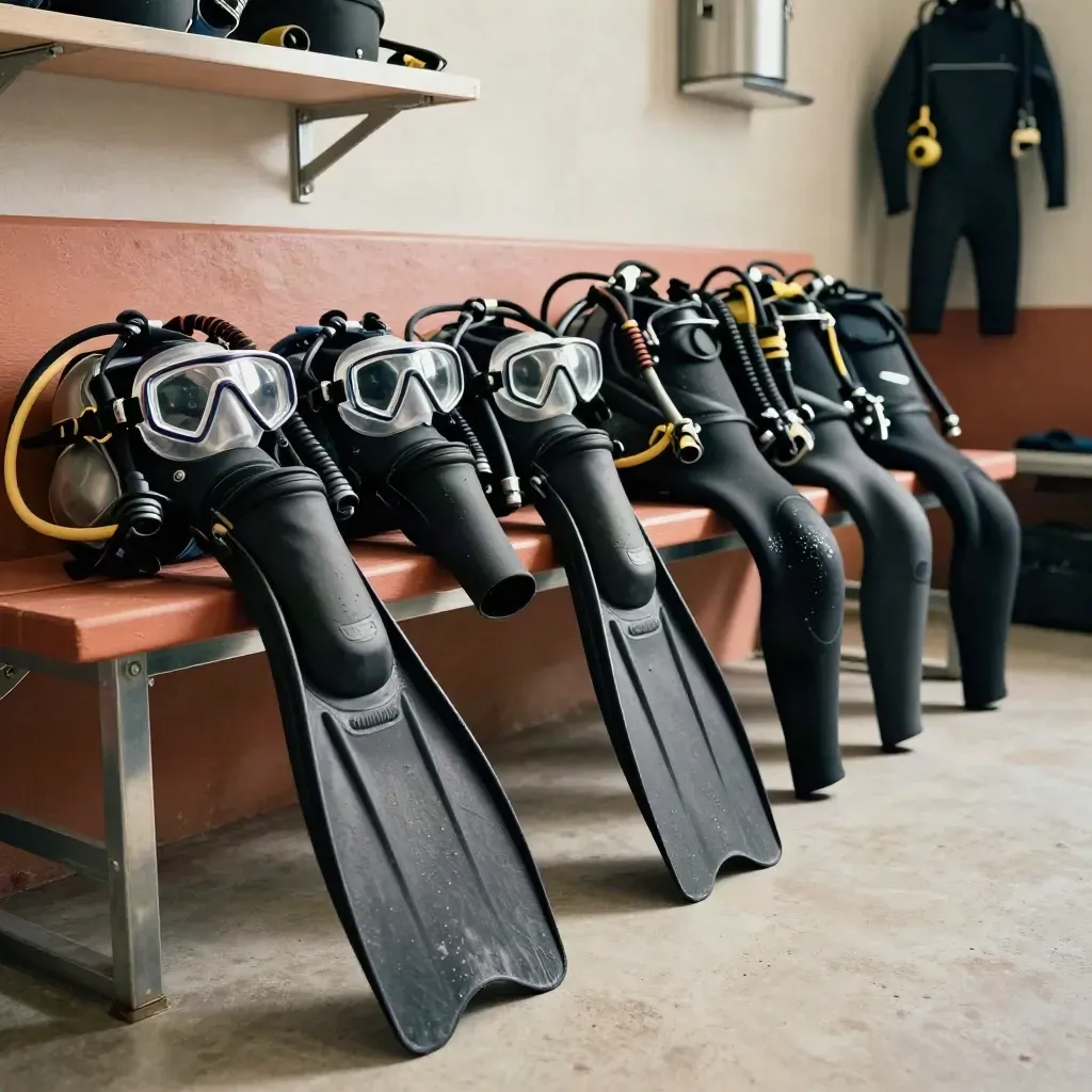 Dive rental gear lined neatly on a terracotta bench, masks, fins, and regulators ready for service.
