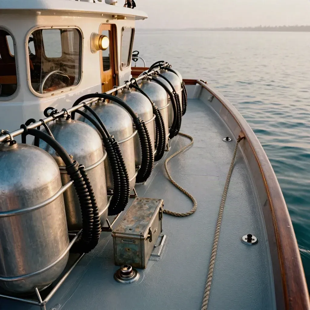 Stern dive deck with tanks, coiled lines, mooring rope and gear crate, water beyond.