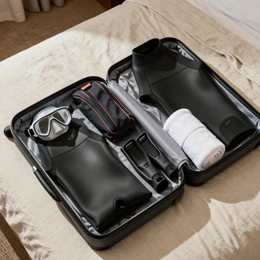 Open suitcase with four dive kits, wetsuits, mask case and travel pouch on pale linen