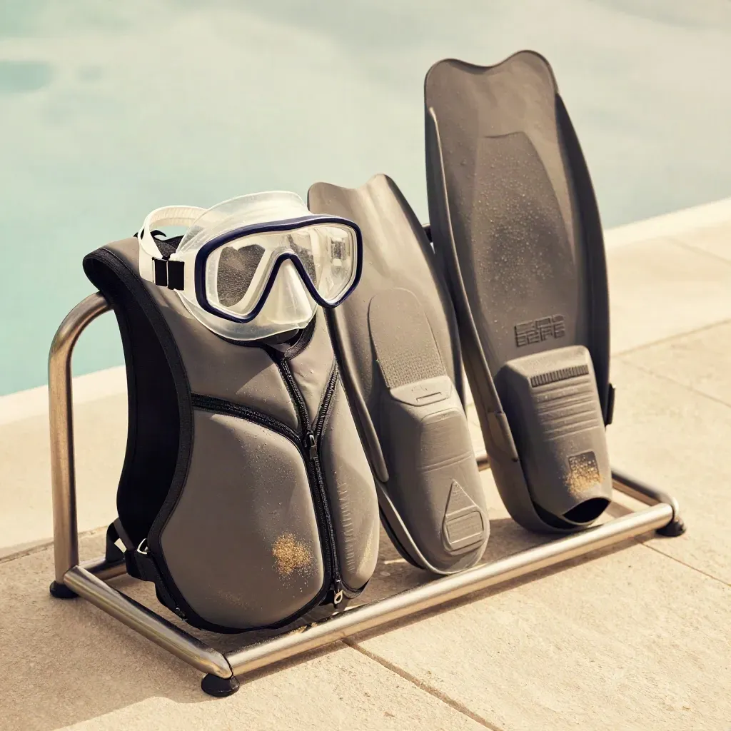 Scuba gear ready rack by a pool, mask sharp in front with fins and slate behind