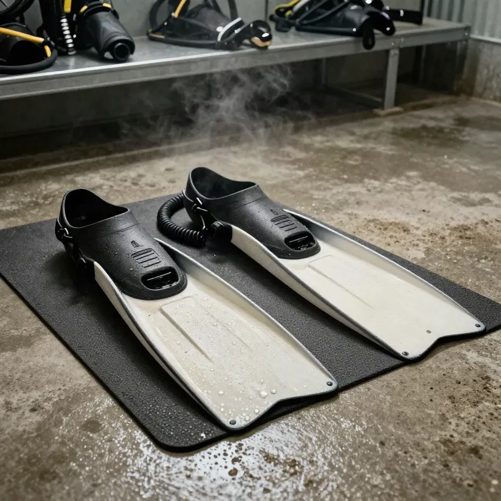 Scuba gear aligned on a dark mat in a dramatic rinse bay