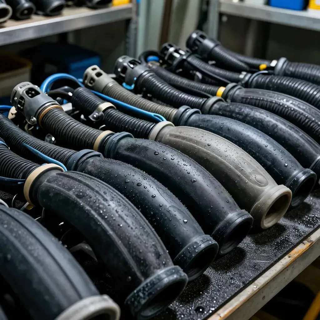 Scuba mask skirts, fin rails, and regulator hoses drying on a black rubber service mat.