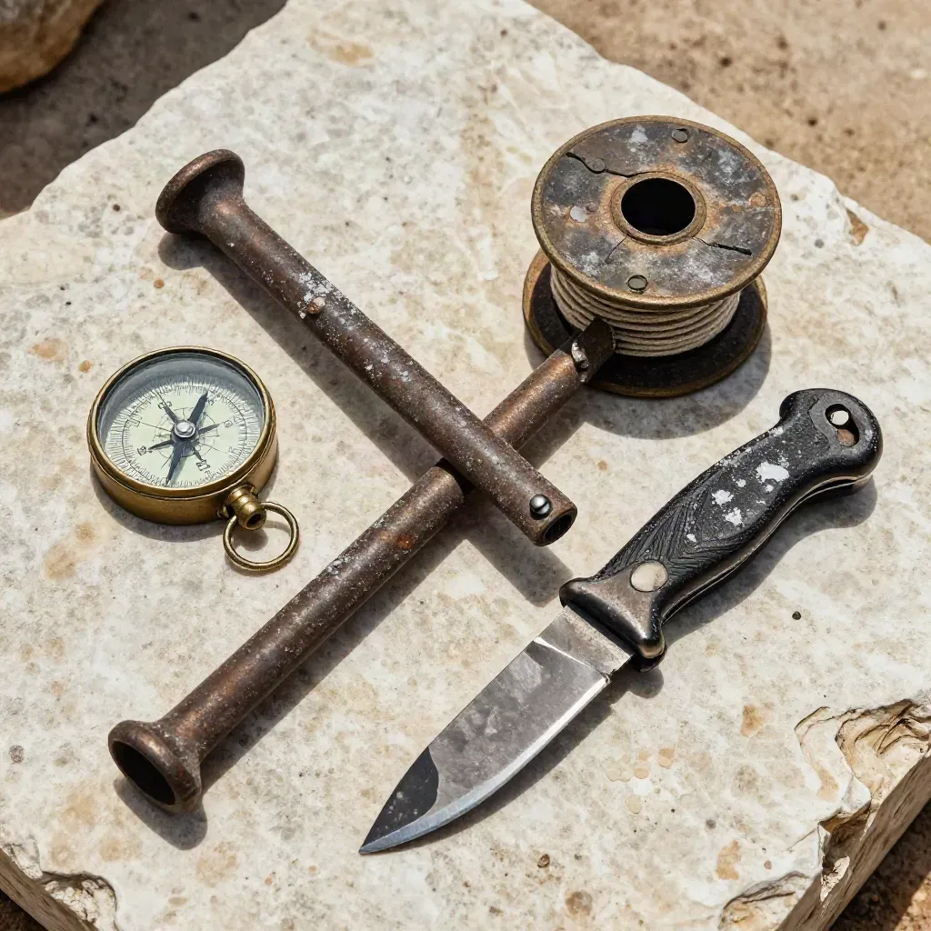 Top-down still life of dive compass, wreck metal, spool and knife on stone.