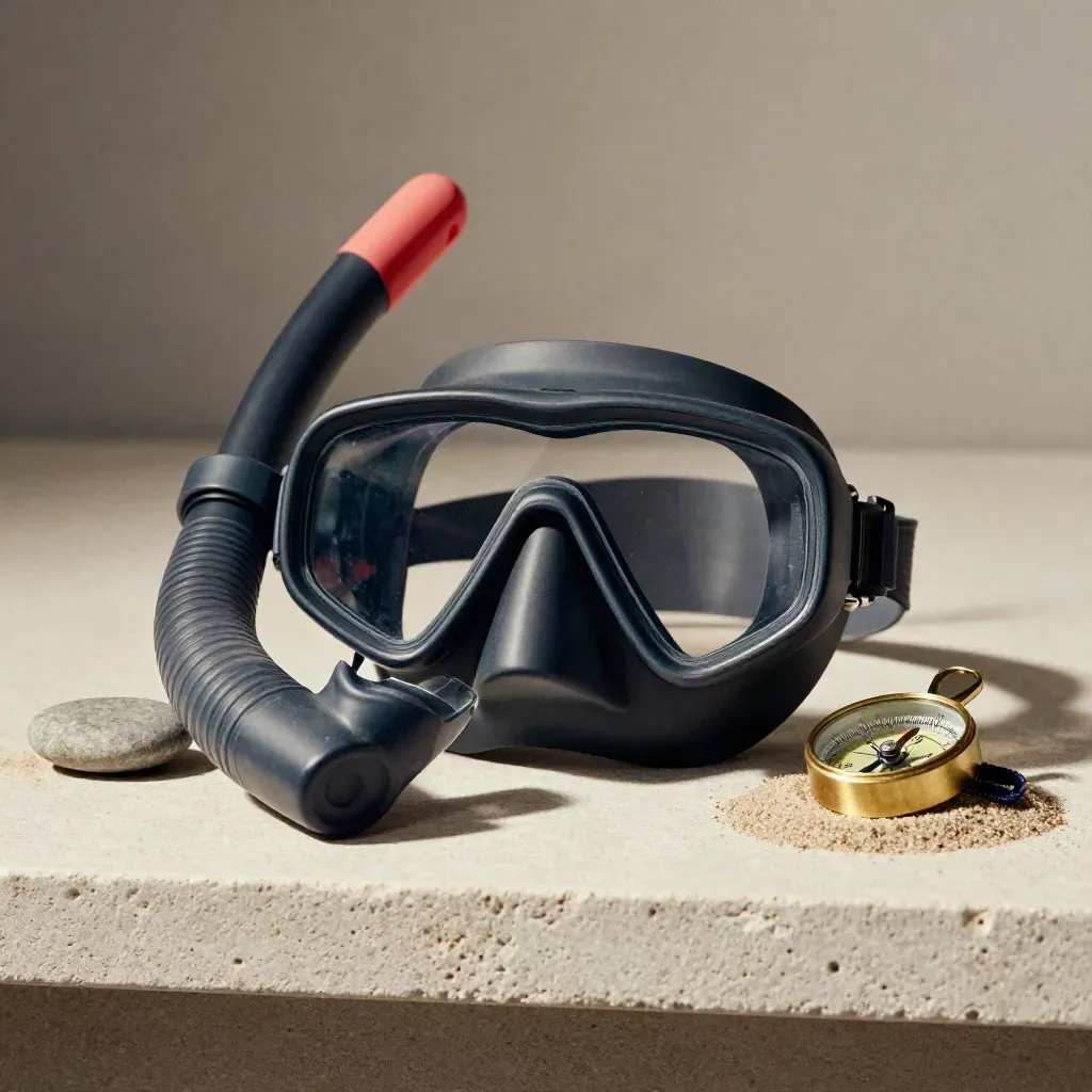 Macro still life of dive mask, snorkel mouthpiece, compass loop, and pebbles on stone.