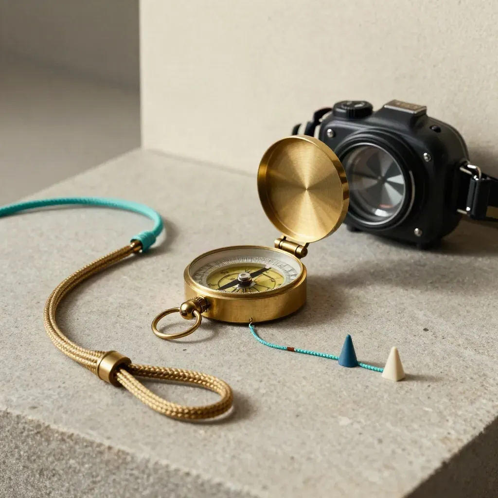 Brass compass, closed dive computer and site markers on stone in soft side light.