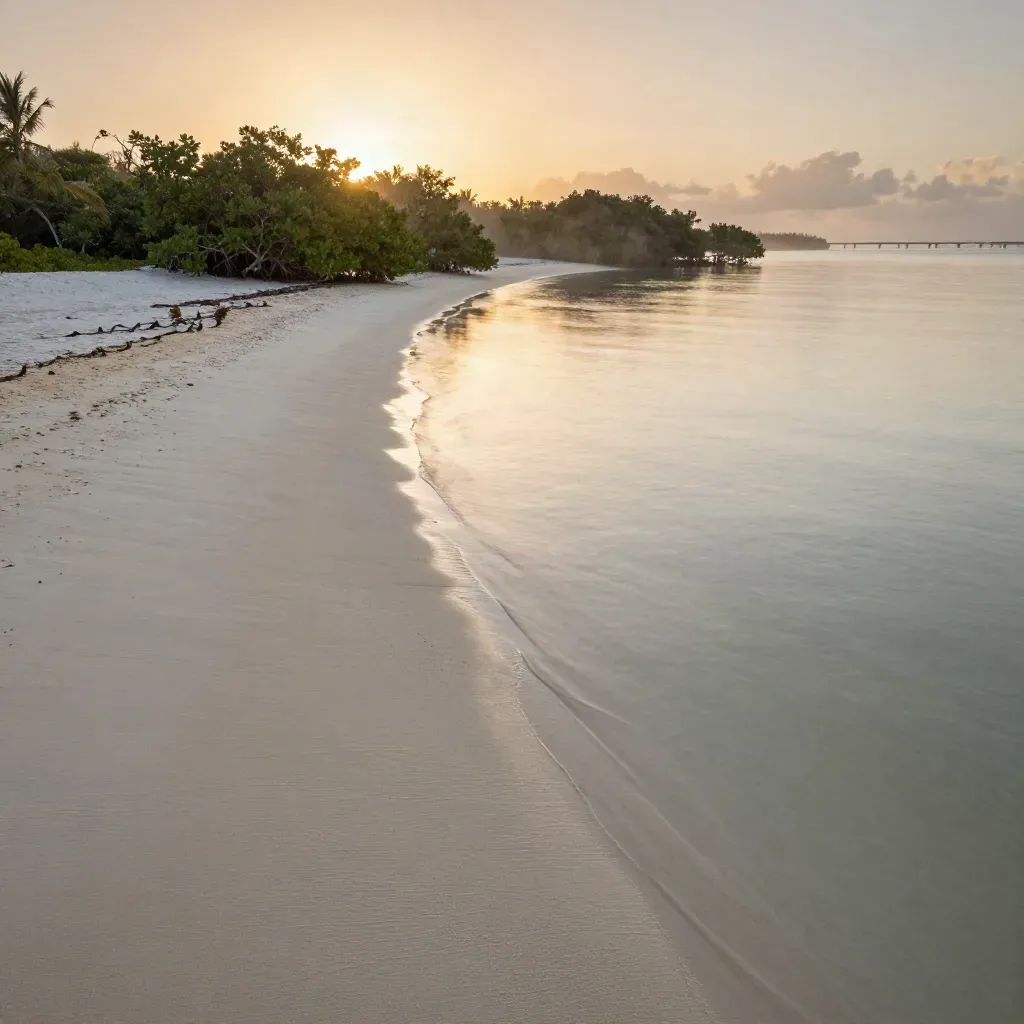 Florida Keys sunrise over mangroves, a bridge on the horizon, and a calm channel