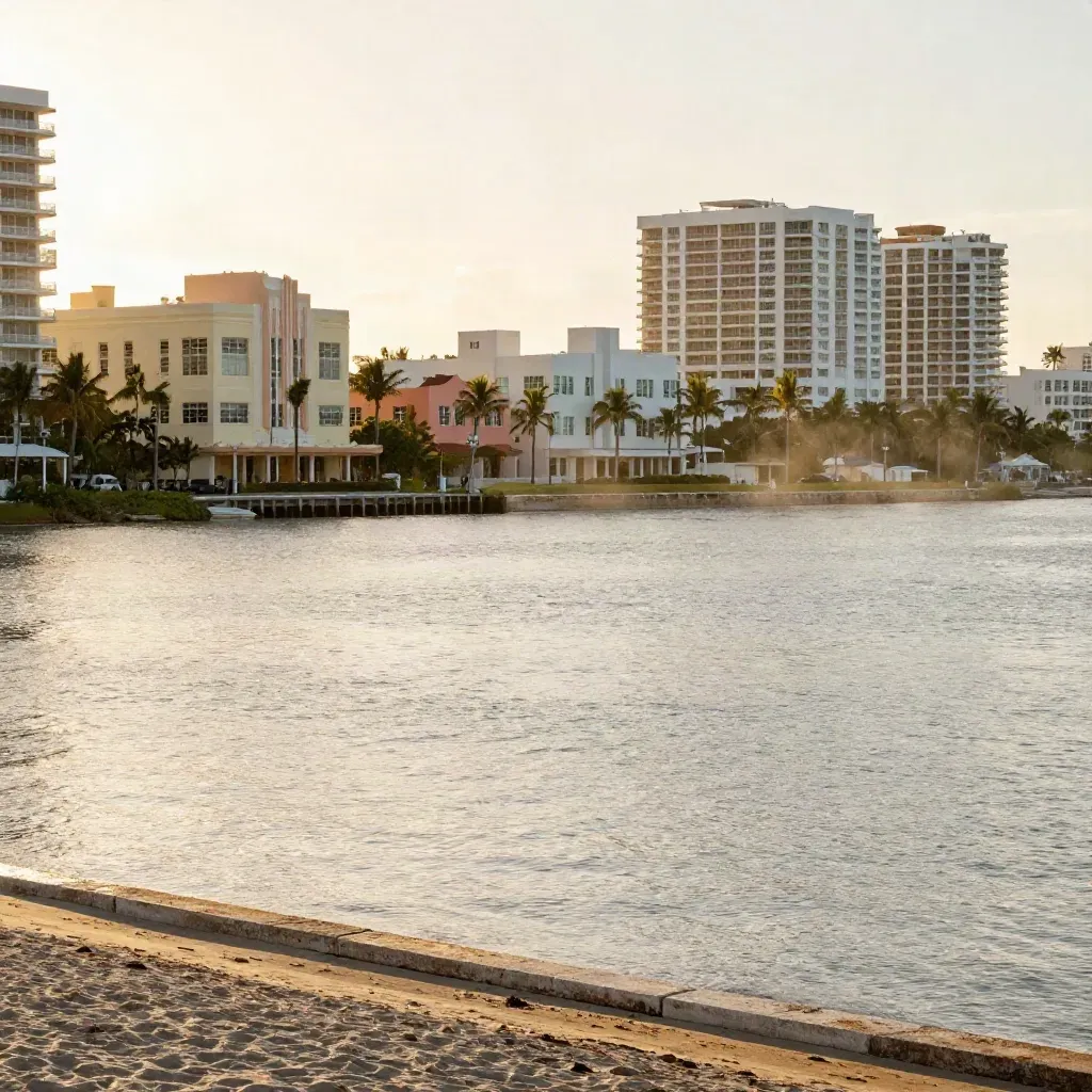 Elevated Miami-Dade waterfront with pastel buildings, palms, and a calm pale bay.