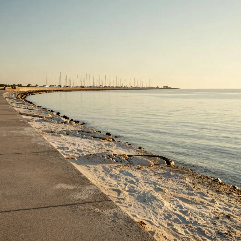 Broward County shoreline at golden hour with a seawall, inlet, and distant yacht masts