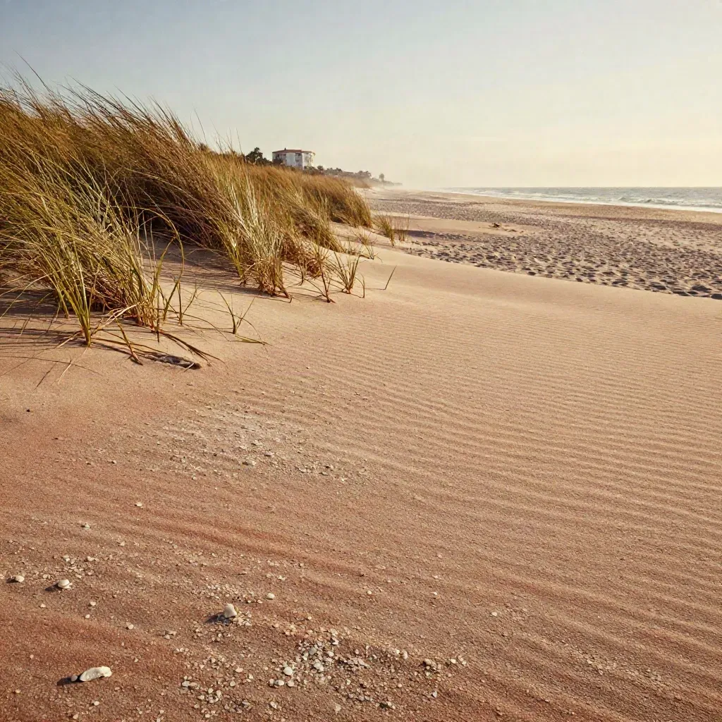 Palm Beach County dune and shoreline in warm haze with open sand for headline copy.