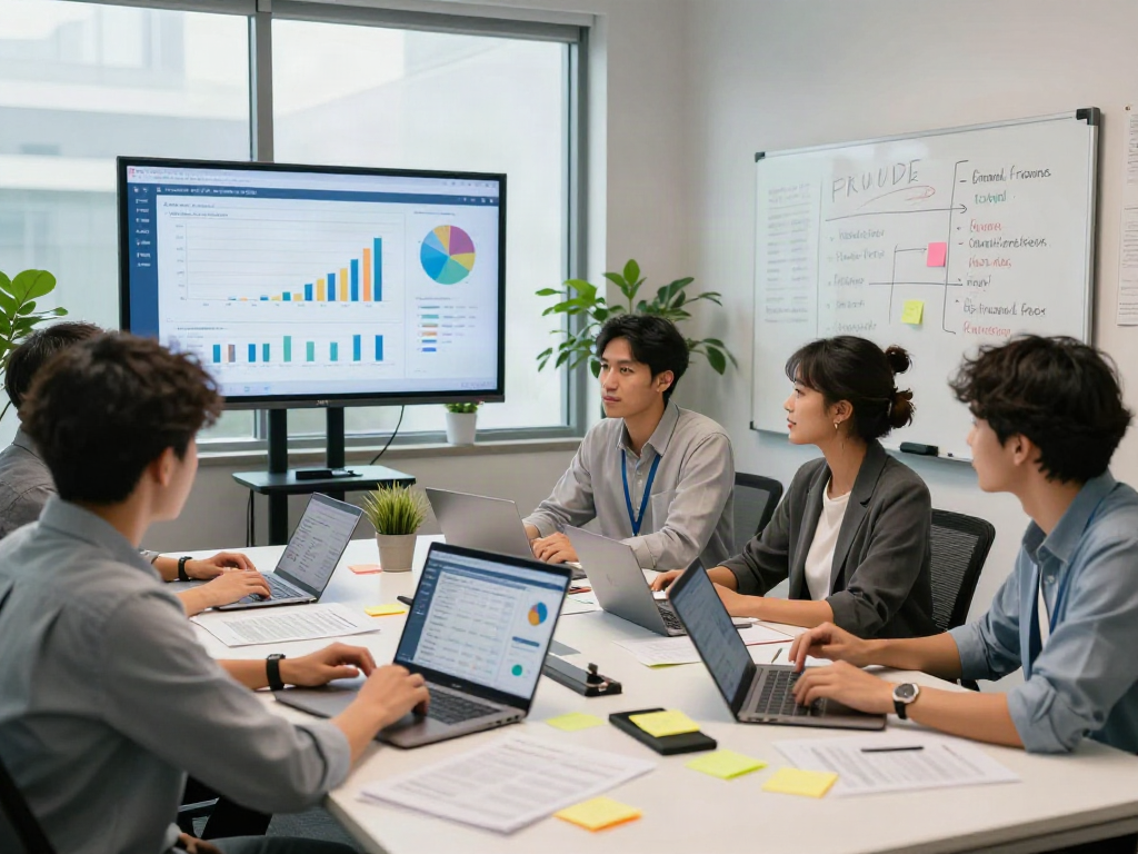 Collaborative team analyzing document fraud detection software in a modern workspace.